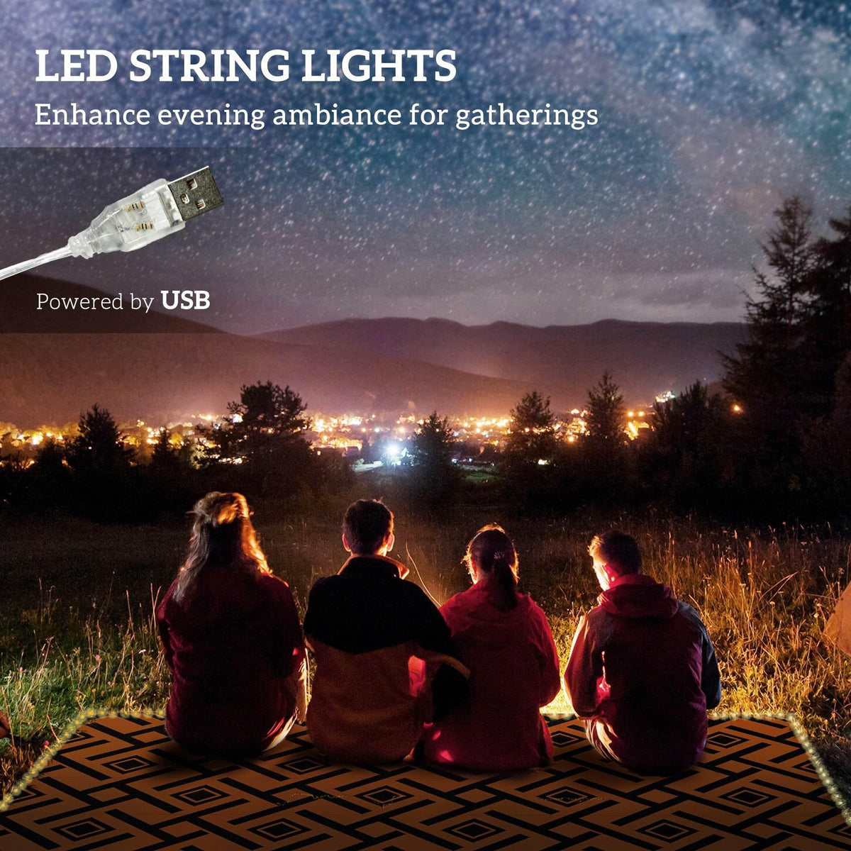 Reversible outdoor rug with LED lights along the border, brown and black geometric pattern