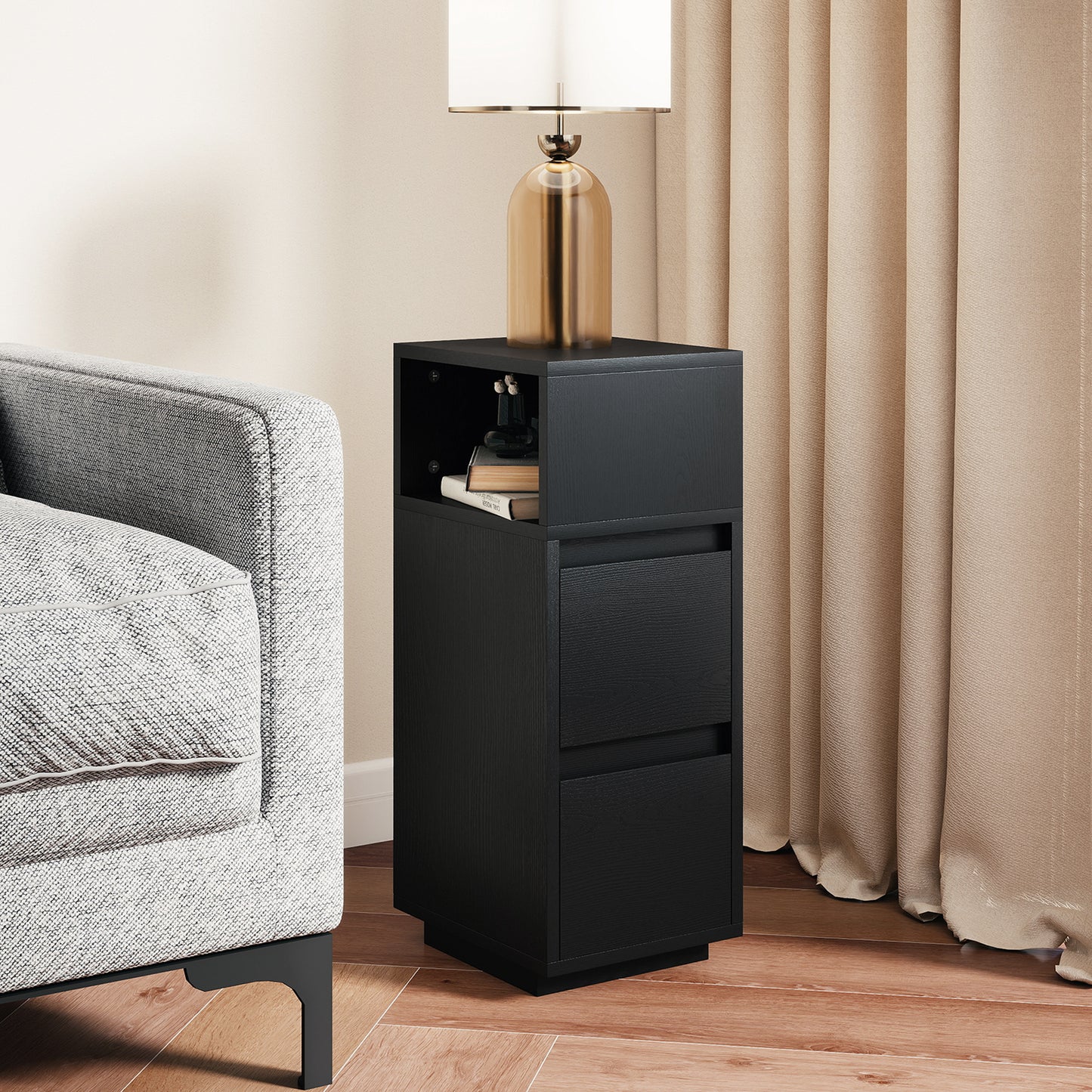 HOMCOM Slim Bedside Table Narrow Bedside Cabinet With Open Shelf And Two Drawers For Bedroom And Living Room Black