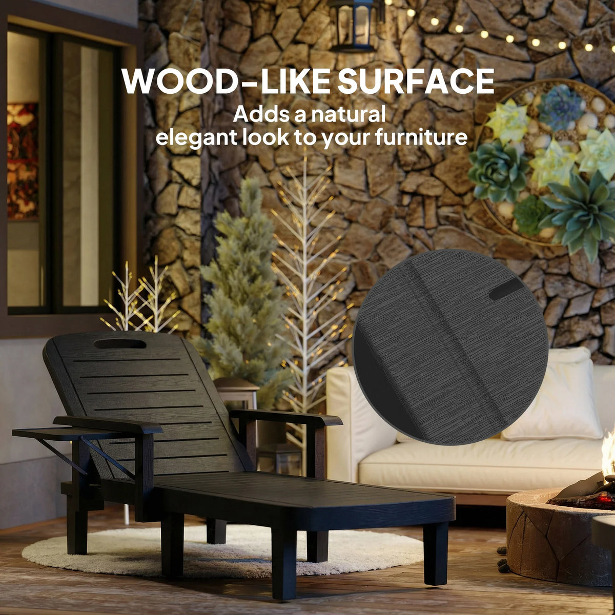 Black adjustable outdoor sun lounger set with foldable side table between two chairs.