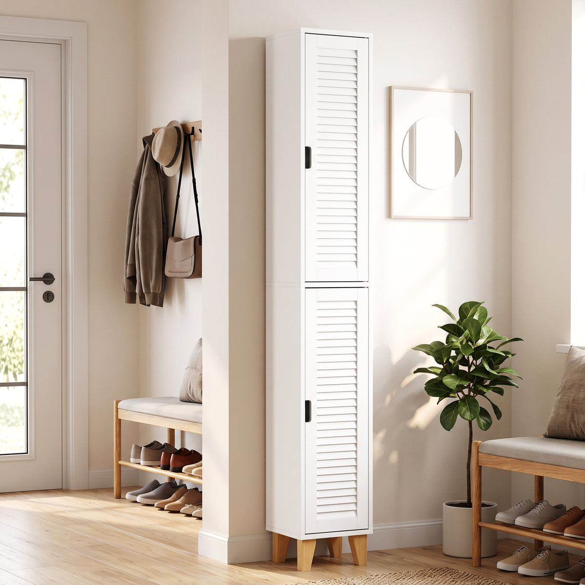 Tall White Bathroom Cabinet With Louvered Doors And Adjustable Shelf Storage