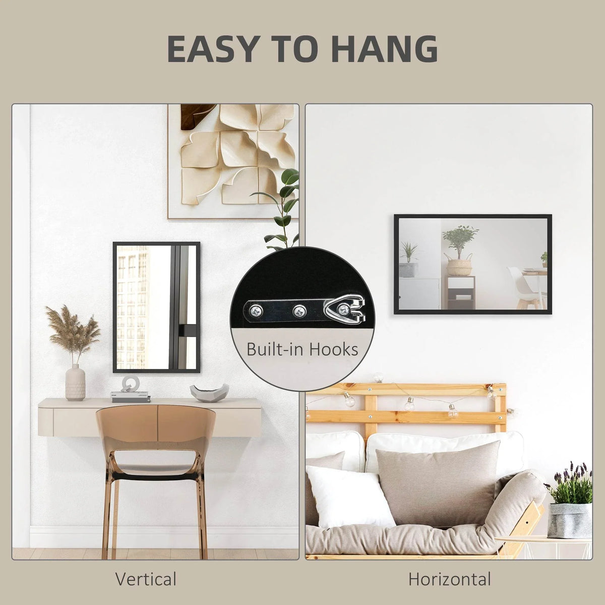 Rectangular black wall mirror with built-in hooks shown for vertical or horizontal mounting
