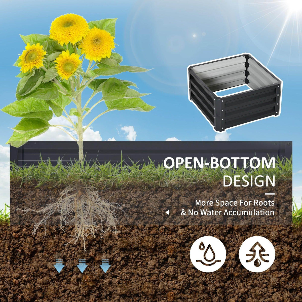 Raised garden bed with open-bottom design for drainage, dark grey metal planter