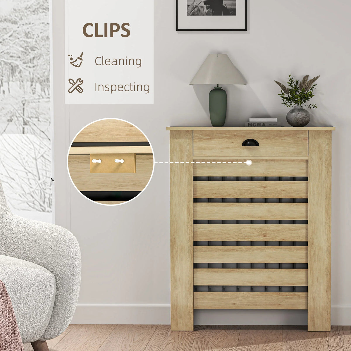 Oak radiator cover cabinet with front slatted grille and top drawer, black knob