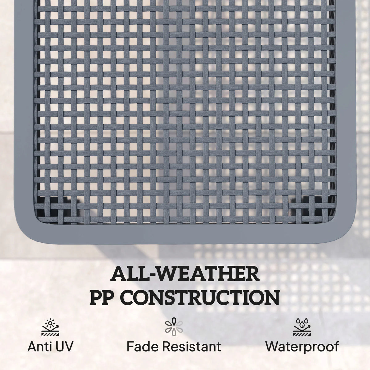 Grey woven plastic mesh panel on outdoor sun lounger backrest section