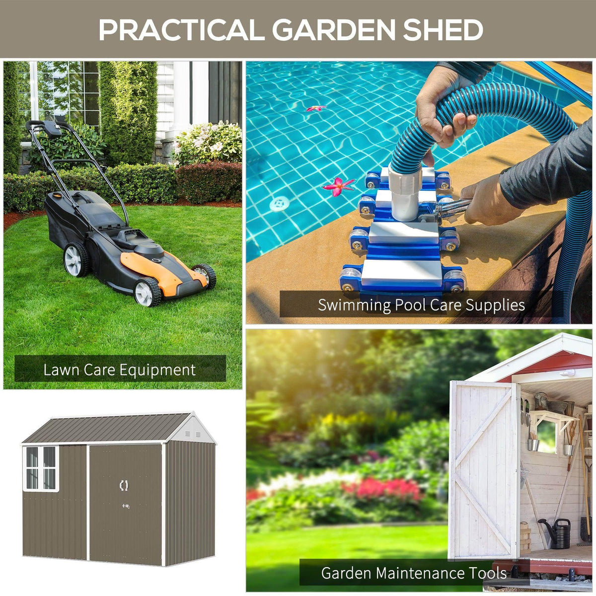Grey metal garden shed with double doors and window panels in a backyard setting