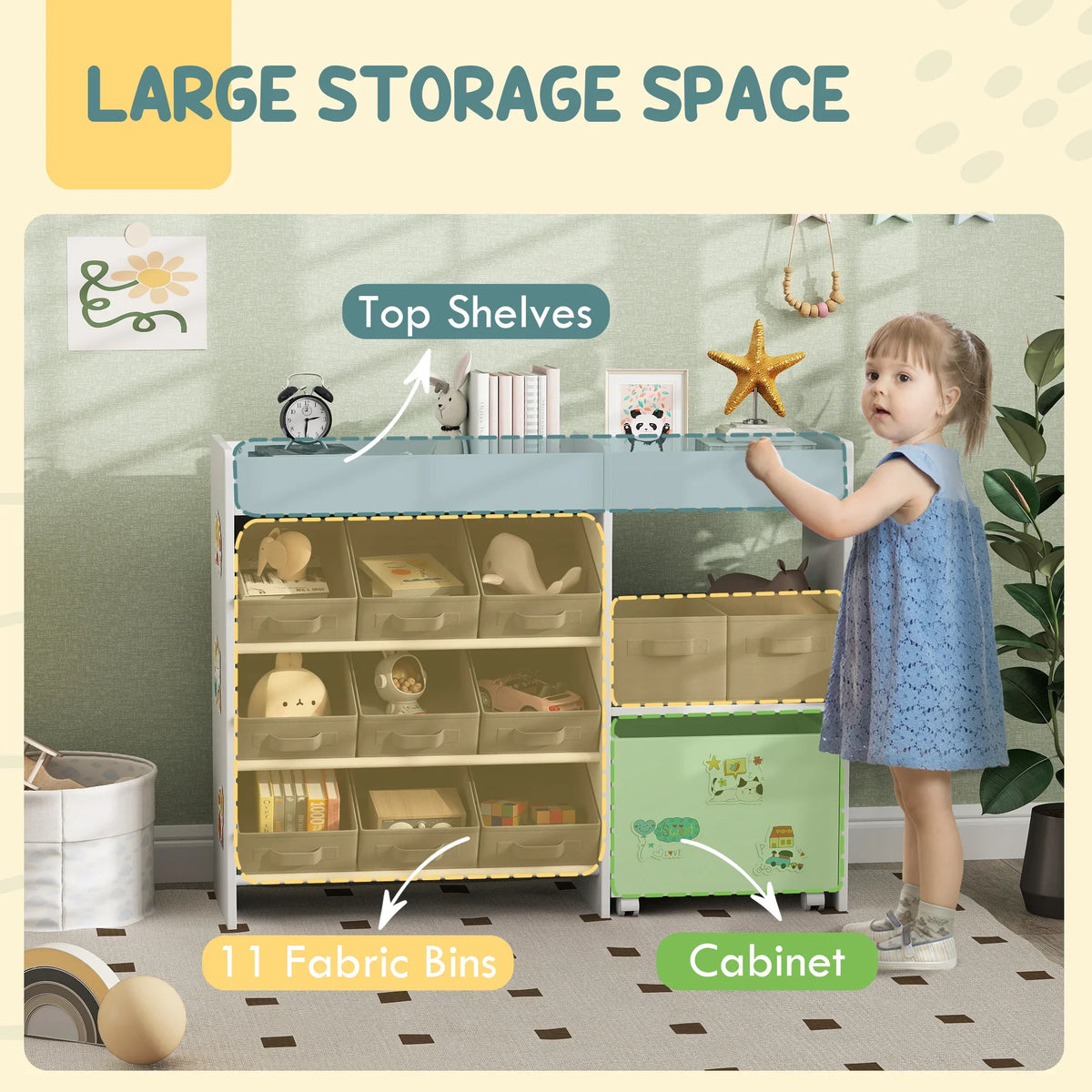 Kids toy storage cabinet with top shelves and 11 fabric bins, open front display