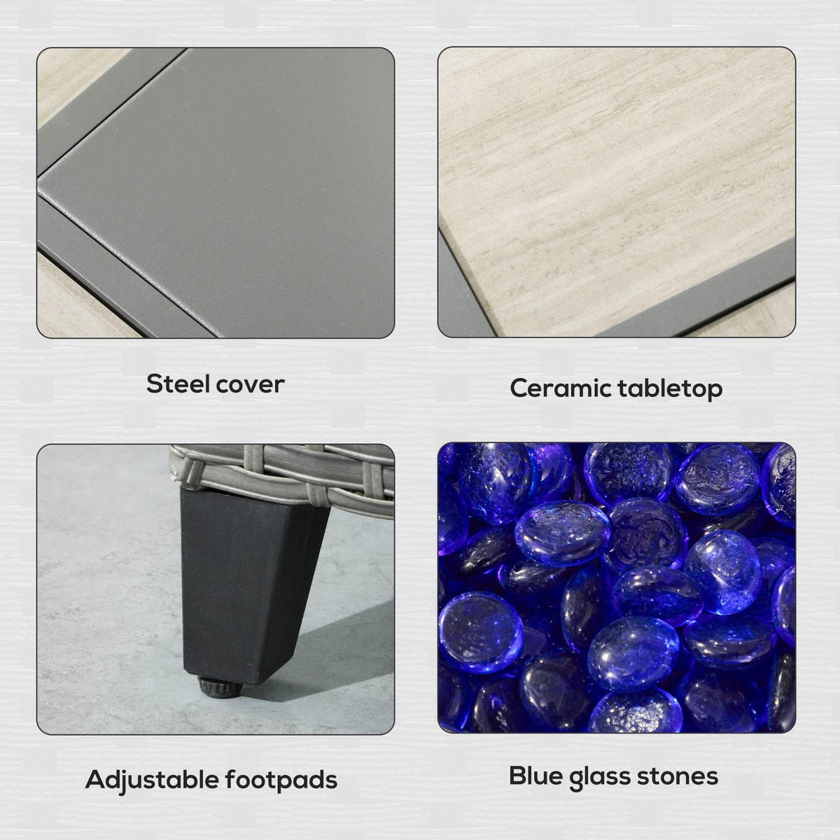 Gas fire pit table details: steel cover, ceramic top, adjustable footpads, blue glass stones