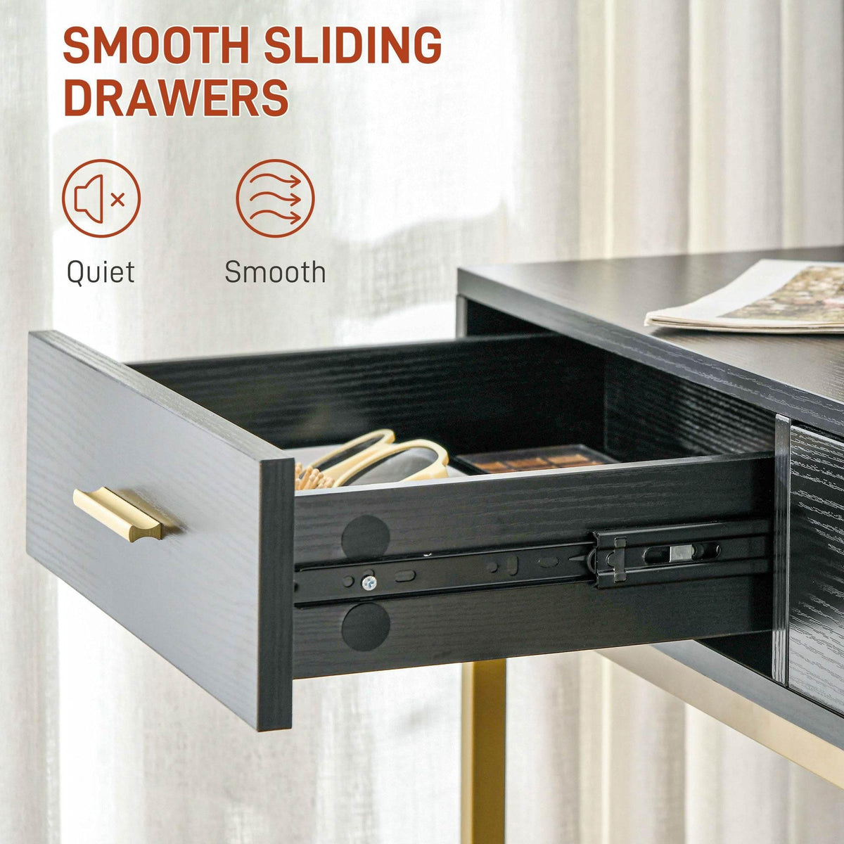 Smooth sliding black vanity drawer with gold handle and soft-close rail hardware