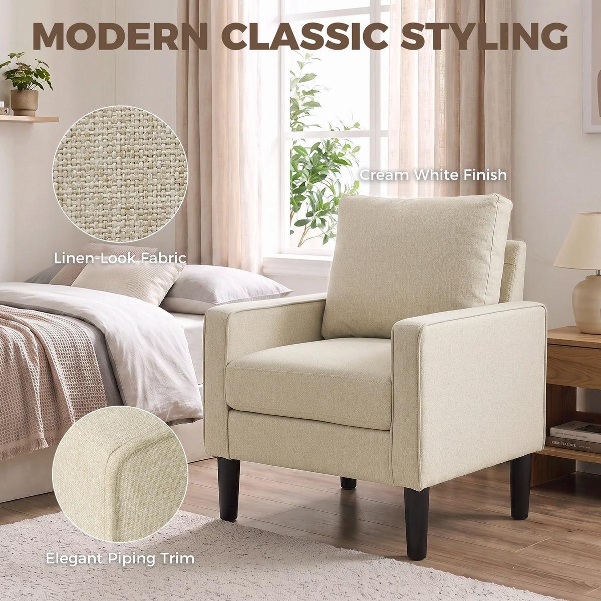 Cream linen-look accent chair with elegant piping trim and square armrests