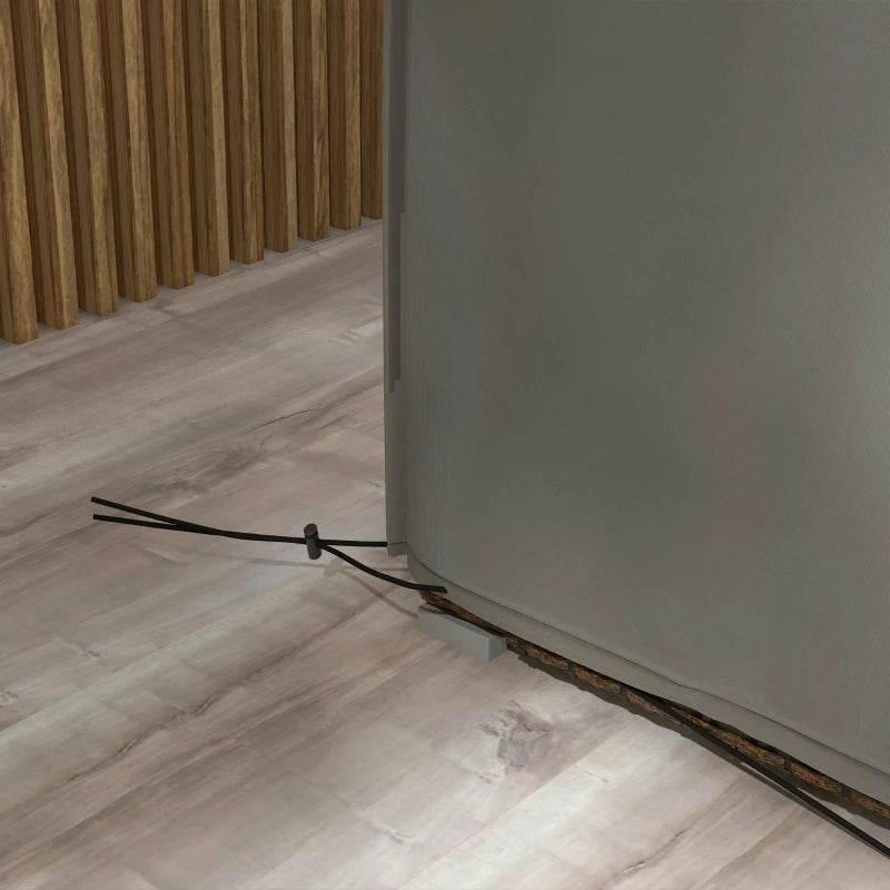 Grey outdoor furniture cover with bottom tie cords and toggle fasteners along hem