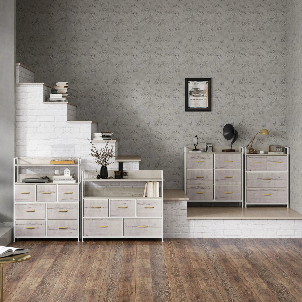 Set of rustic white drawer storage cabinets with open shelves and multiple six-drawer units