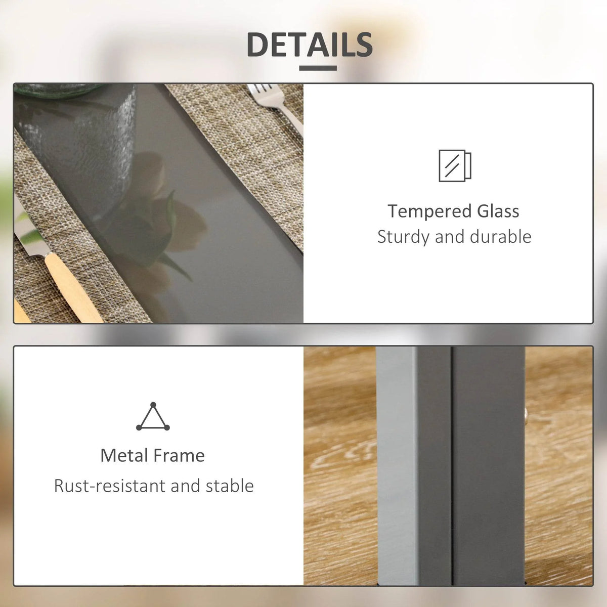 Dining table with tempered glass top and sturdy metal frame