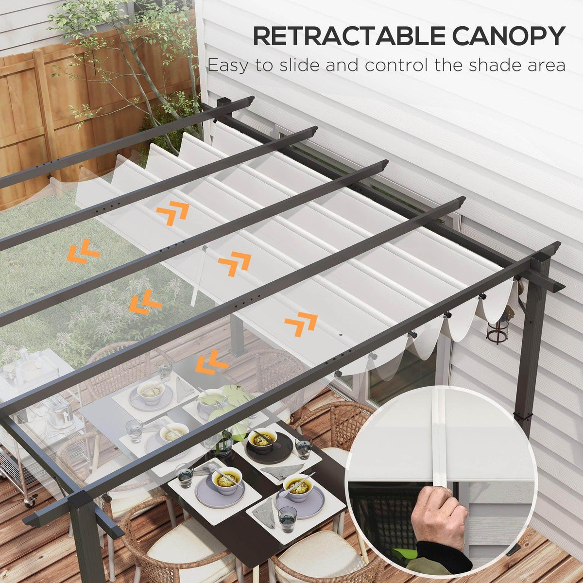 Retractable pergola canopy with slatted roof sections and scalloped light grey fabric edge
