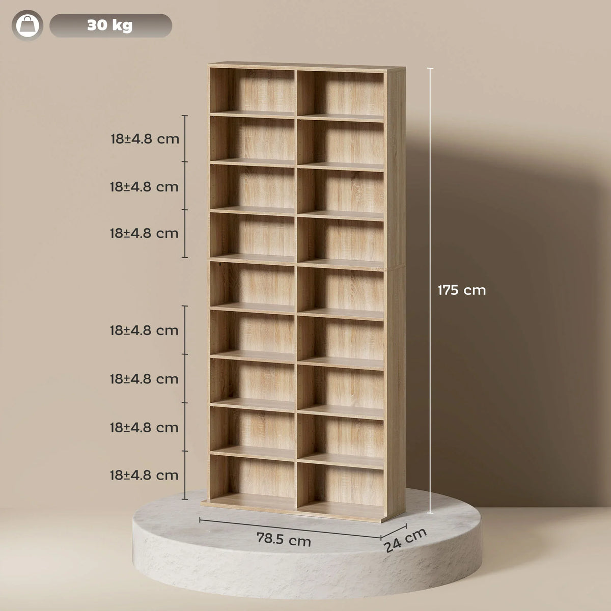 Freestanding wood media storage tower with multiple cube shelves and base