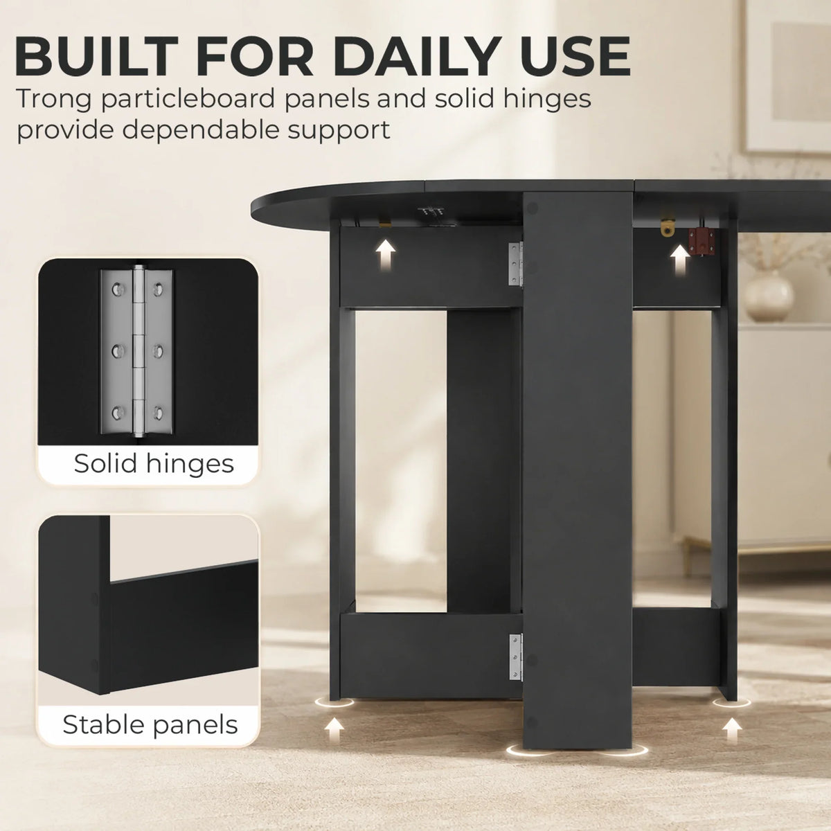 Black drop-leaf dining table base with solid panel supports and solid hinges