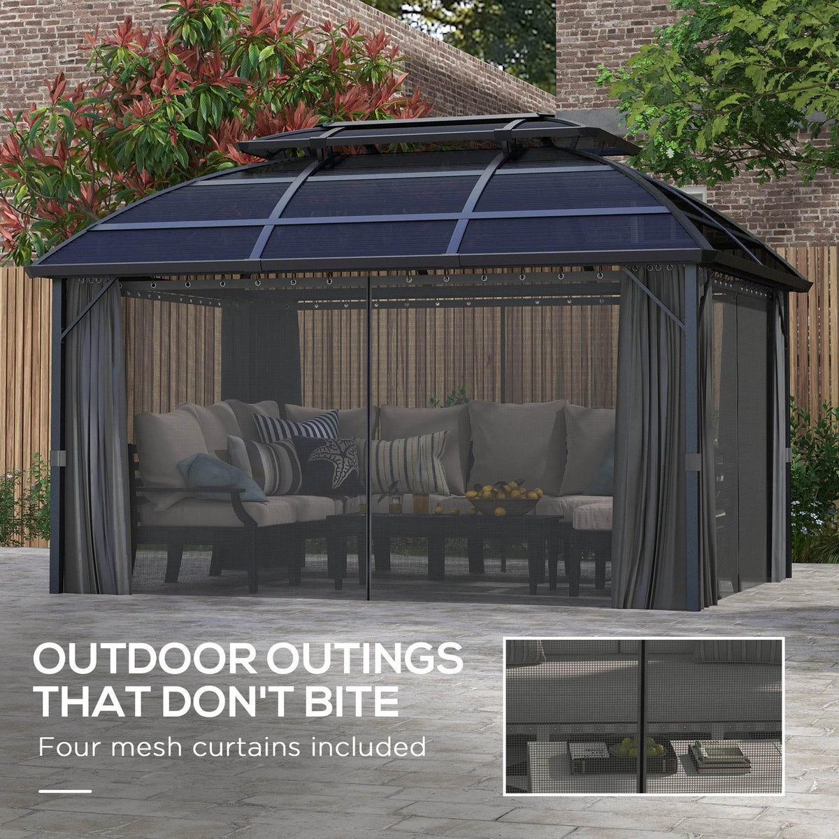 Outdoor hardtop gazebo with four mesh curtain panels and clear polycarbonate roof