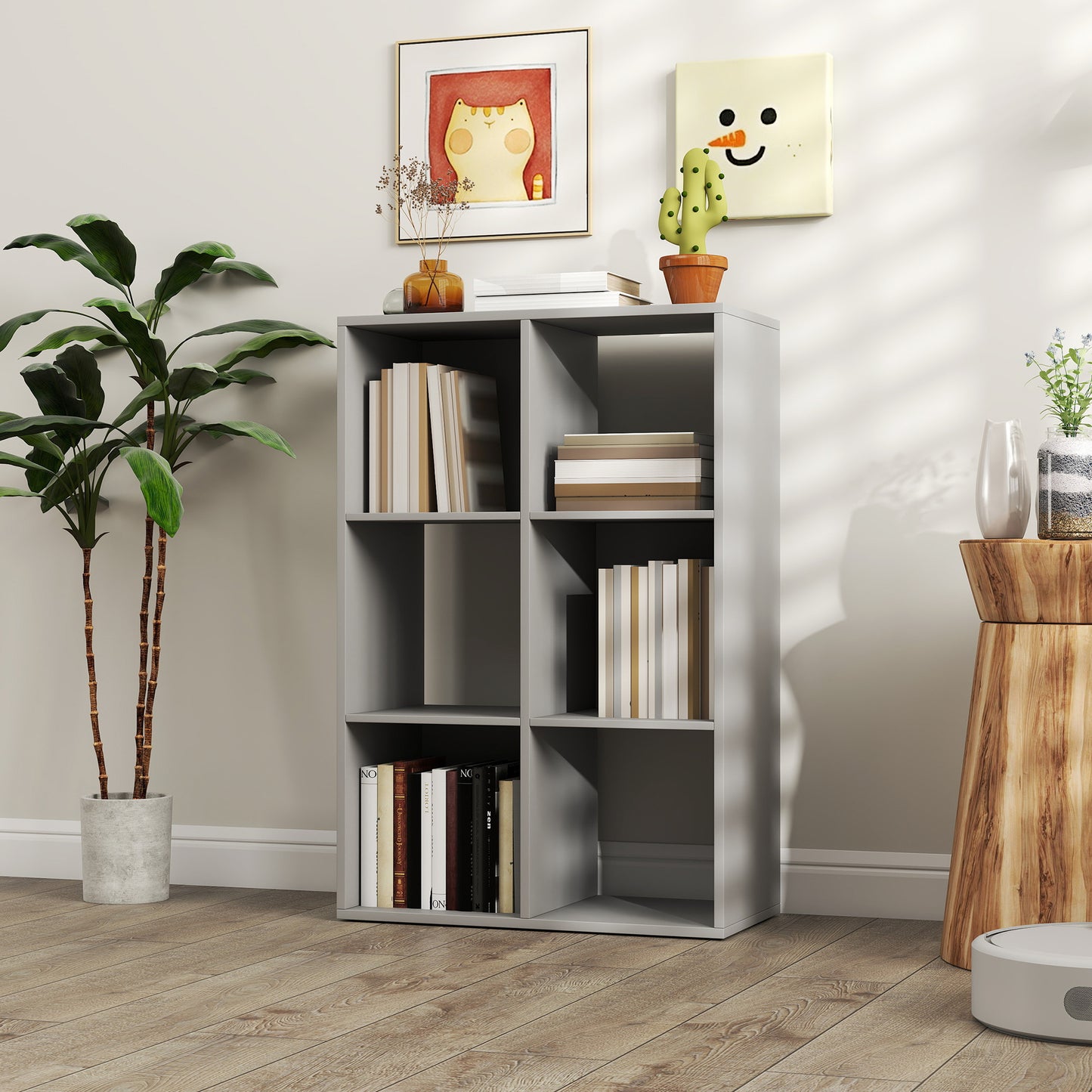 HOMCOM Six Cube Bookshelf In Light Grey Durable Particle Board Storage Organizer For Home Office Living Room