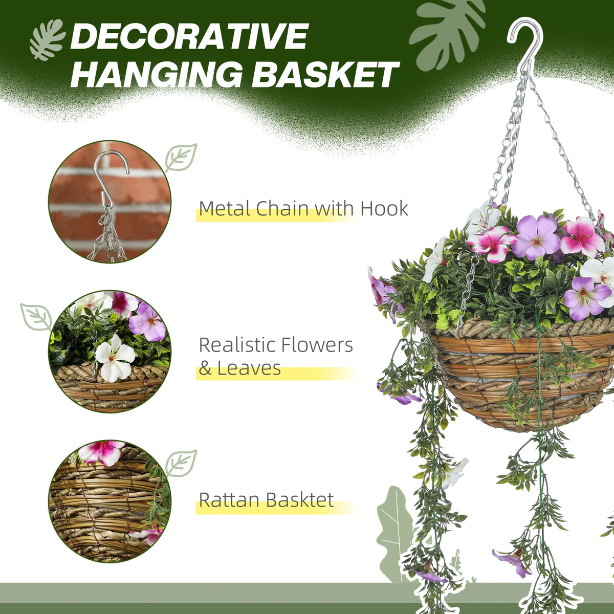 Hanging basket planter with metal chain, pink and white artificial azalea flowers