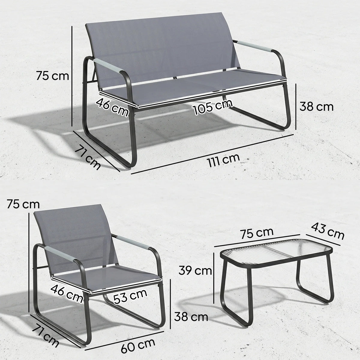 Grey outdoor loveseat and side table with black metal frame; shows size dimensions on image.