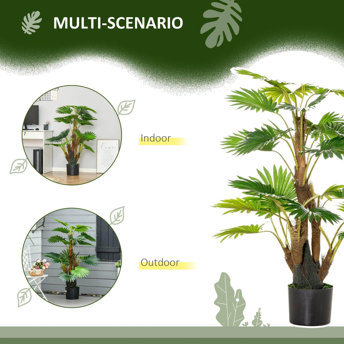 Artificial palm tree in black pot for indoor or outdoor decor, multi-scenario style.