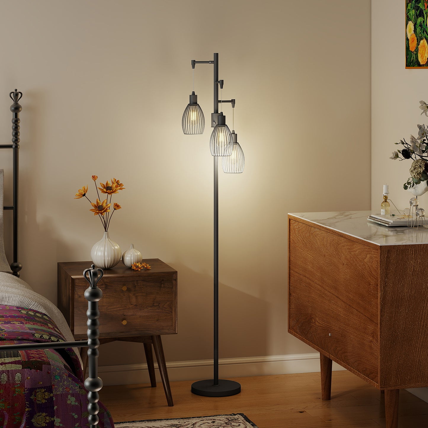 HOMCOM 3-Light LED Floor Lamp 170cm Tall 2700K Dimmable Industrial Standing Lamp with Steel Wire Cage Lampshades Black