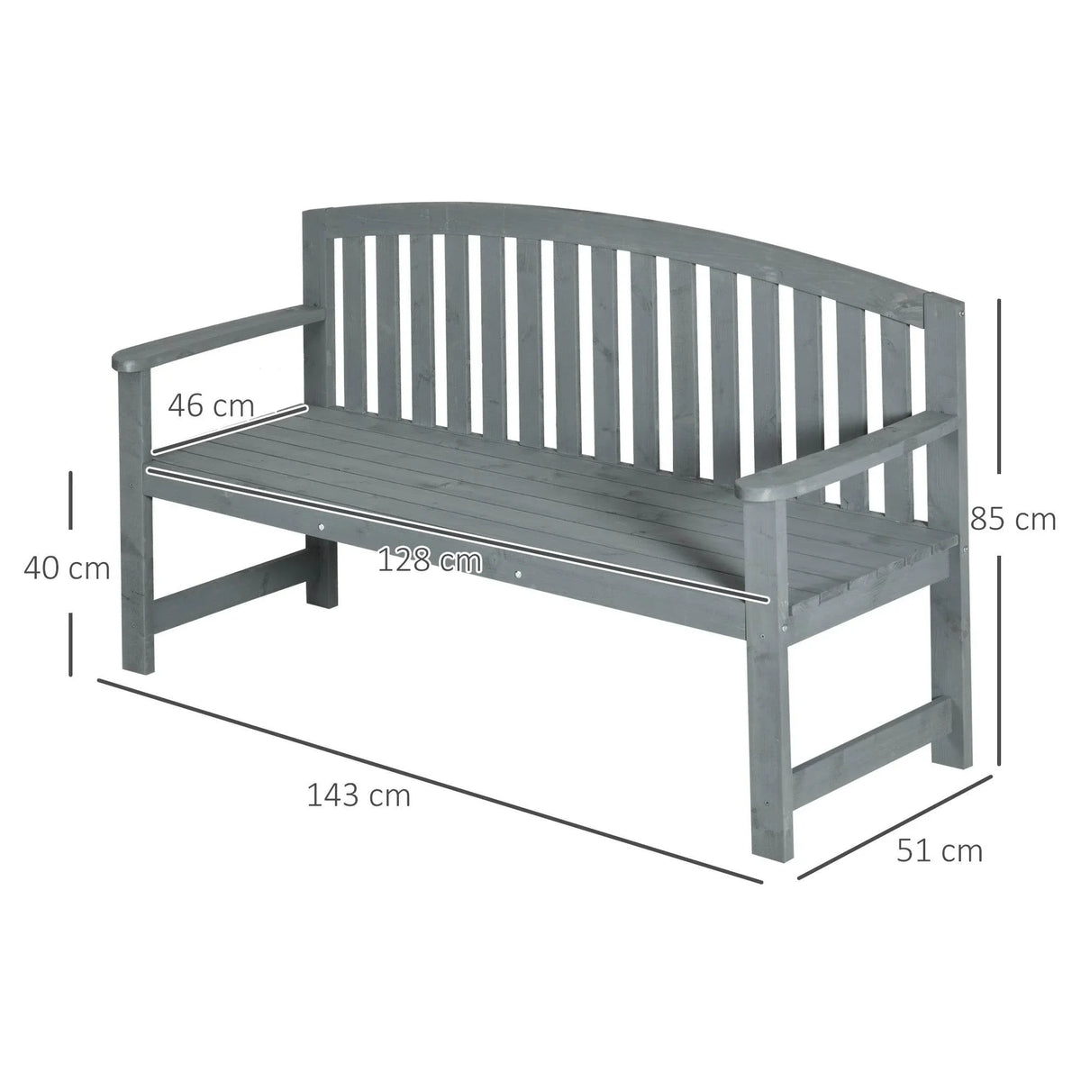 Grey fir wood 2-seater garden bench with curved slatted back and armrests