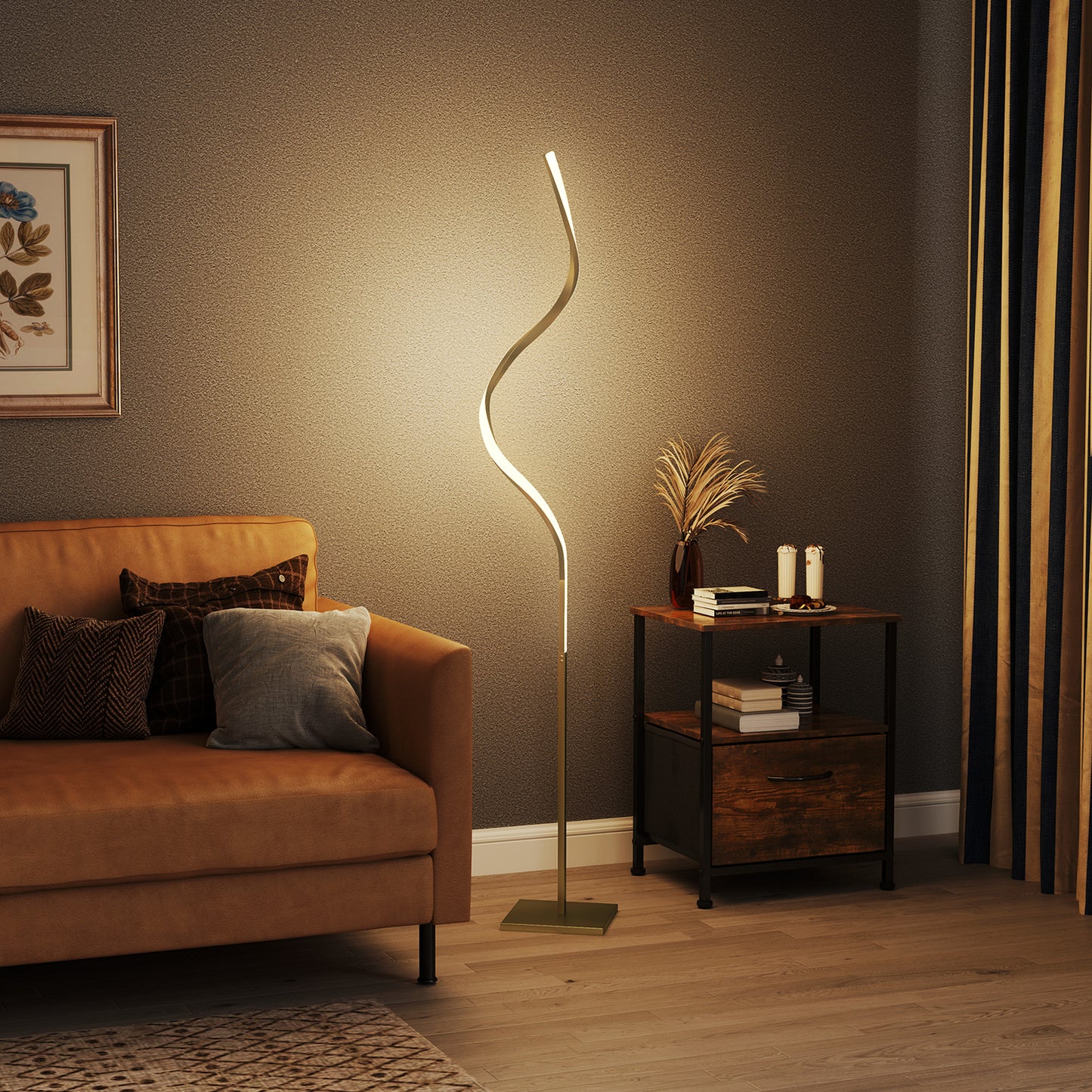 HOMCOM LED Floor Lamp Spiral Twist With 3 Adjustable Brightness Levels Foot Switch Gold Tone For Bedroom Living Room