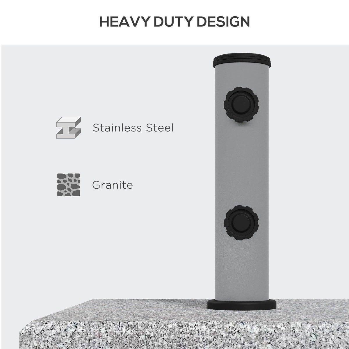 Heavy-duty granite umbrella base with stainless steel tube and two securing knobs.