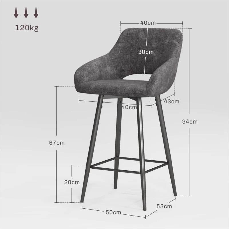 Grey velvet bar stool with back, shown with size measurements and a metal footrest.