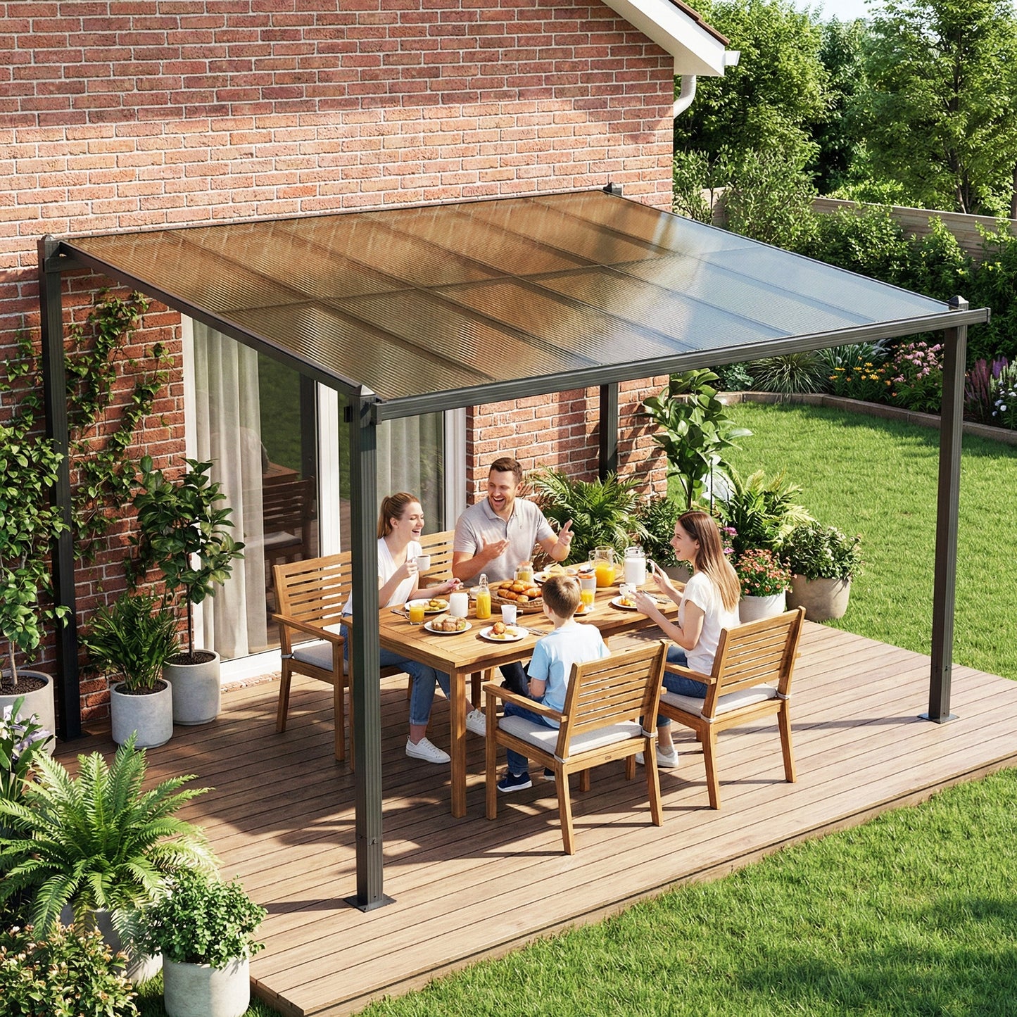 Outsunny 3.6 x 3 m Lean To Garden Pergola With PC Roof Aluminium Frame Hardtop Gazebo With Drainage Gutters Dark Grey
