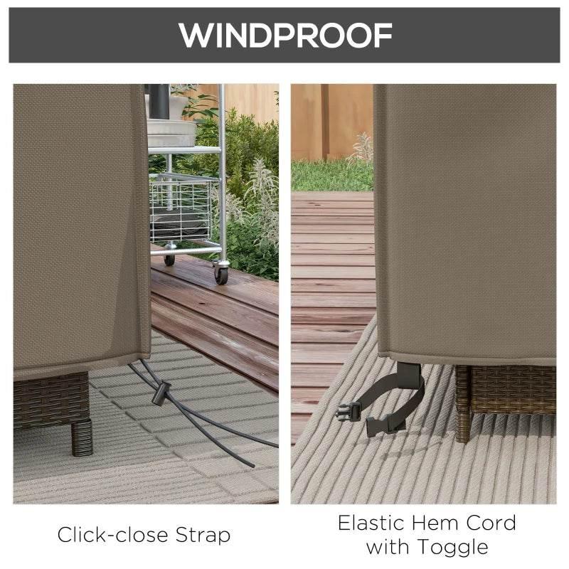 Grey outdoor furniture cover with elastic hem cord and click-close strap
