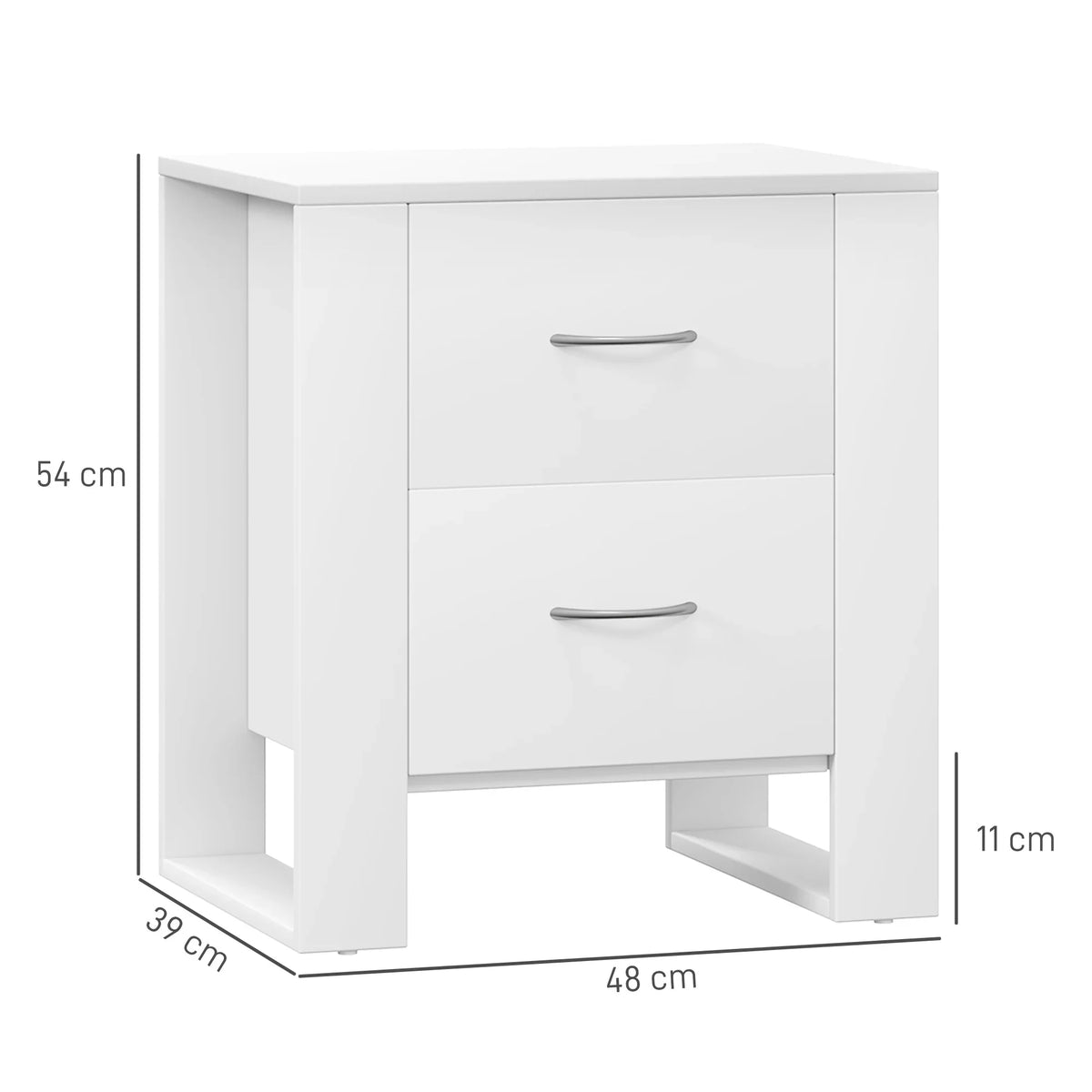 White bedside table with 2 drawers, silver handles, and raised base; side view with size marks