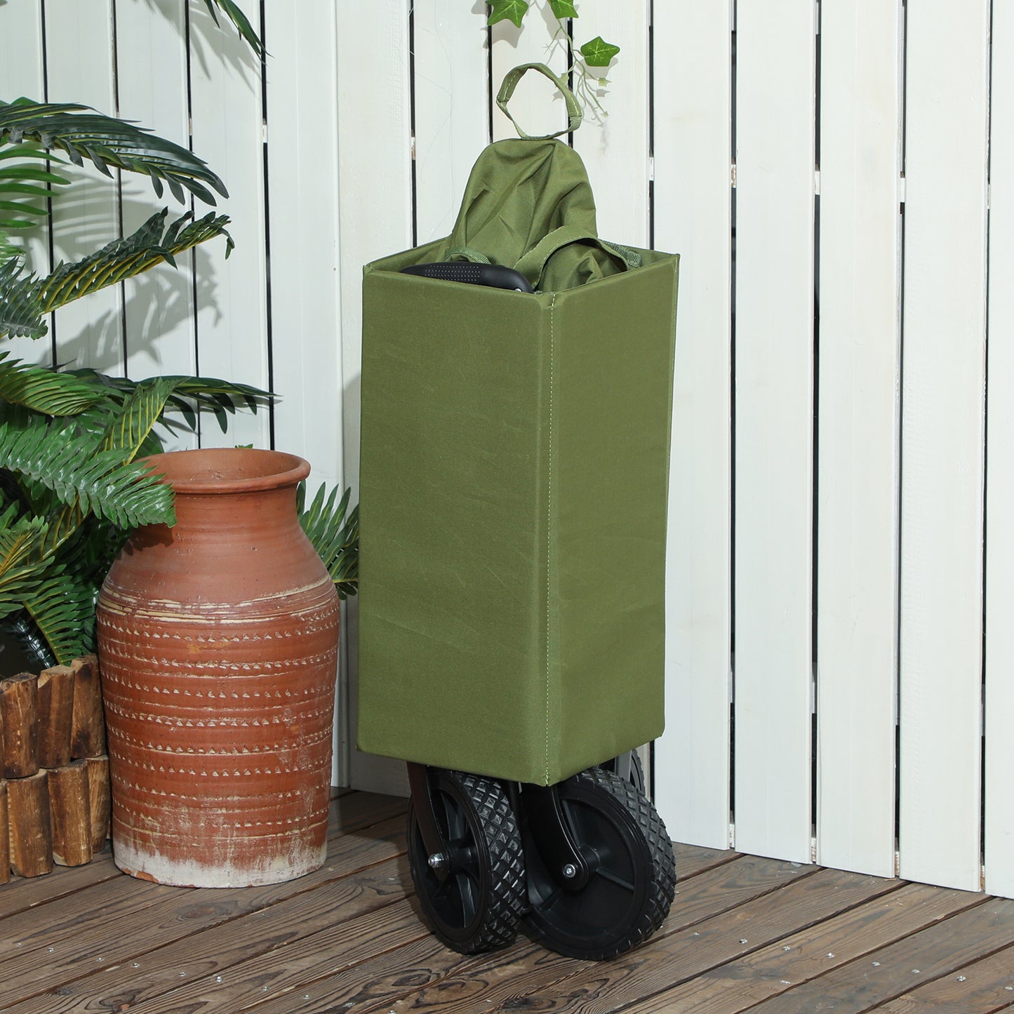 Outsunny 120L Festival Folding Trolley On Wheels With Adjustable Handle For Garden Beach Camping And Fishing Green
