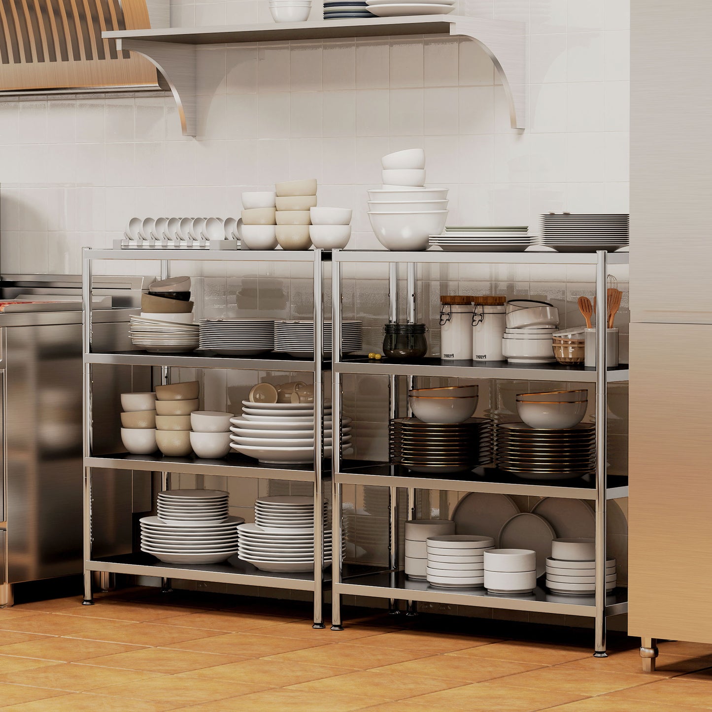 HOMCOM 4 Tier Stainless Steel Bakers Rack With Storage For Small Spaces And Microwave Stand Adjustable Shelves