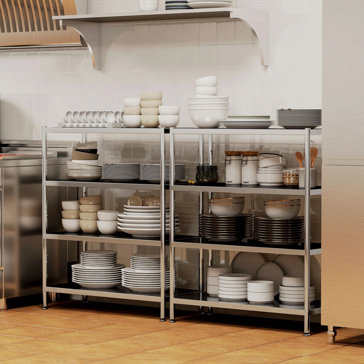 Four-tier stainless steel bakers rack with open shelving for plates and cookware, silver