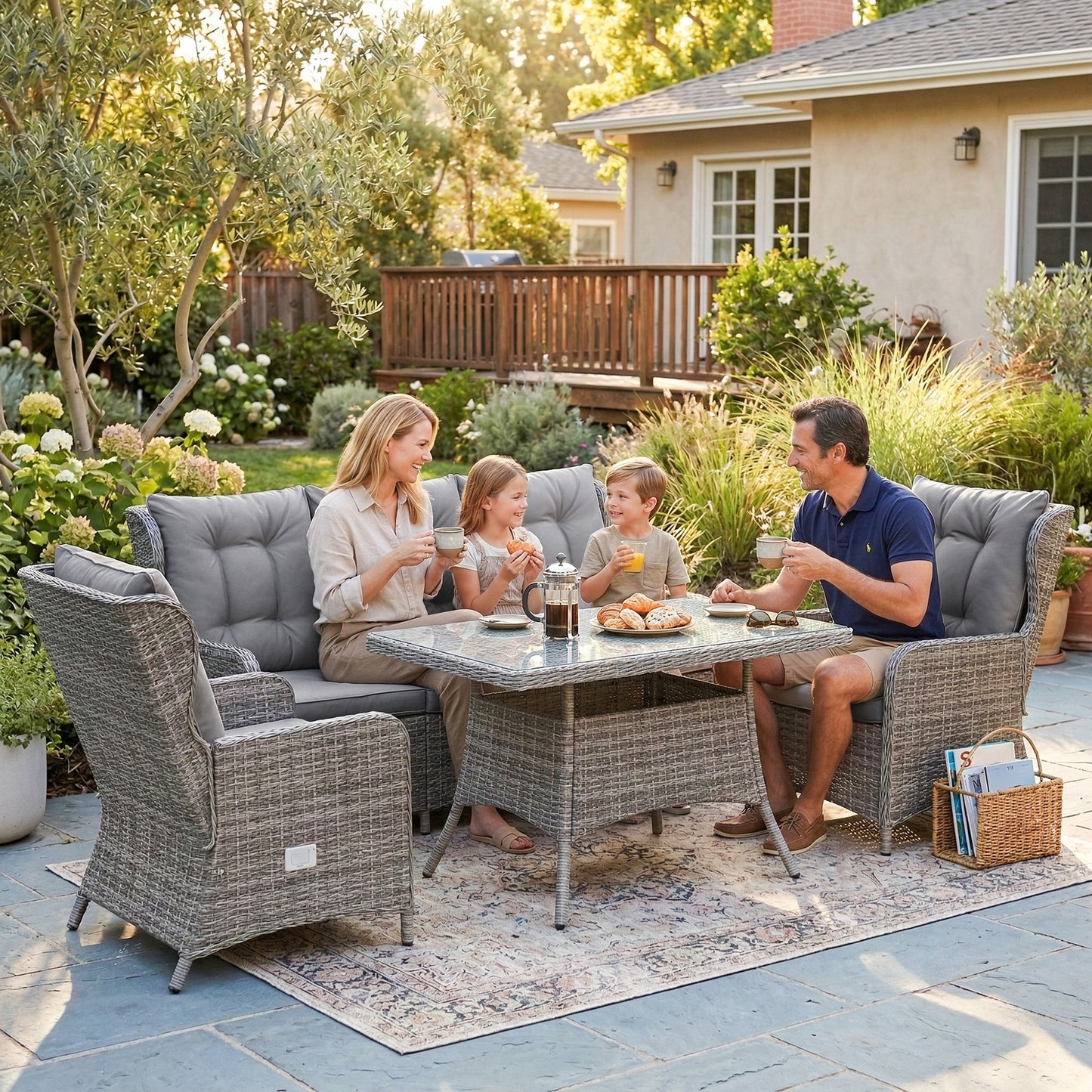 Outsunny 5 Seater Rattan Garden Furniture Set With Sofa And Reclining Chairs Table Grey Patio