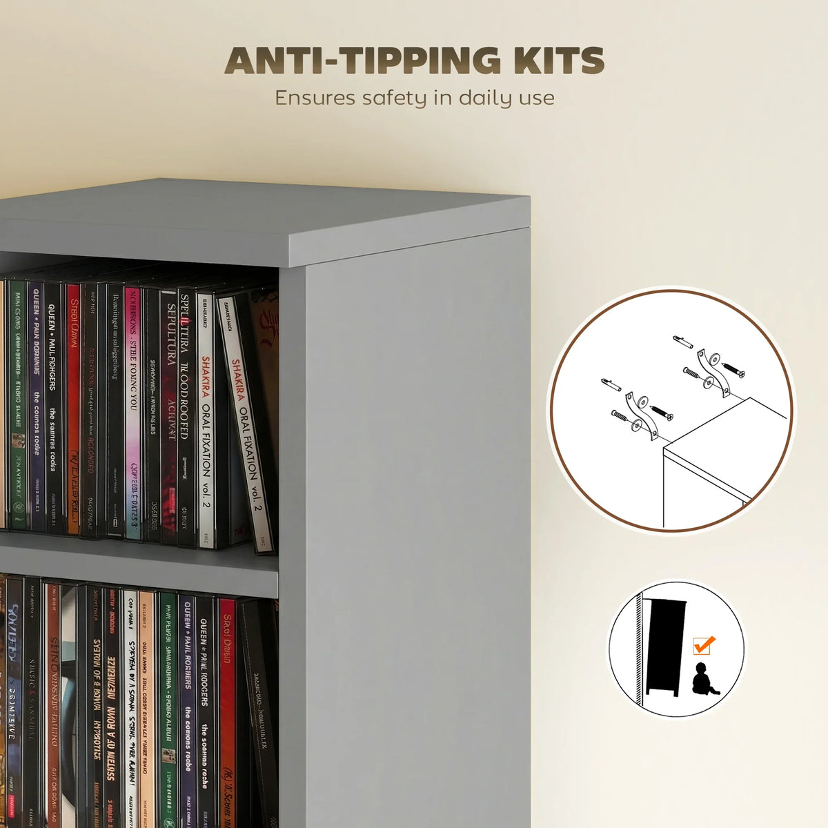 Light grey CD media shelf with anti-tipping kit detail inset on side panel