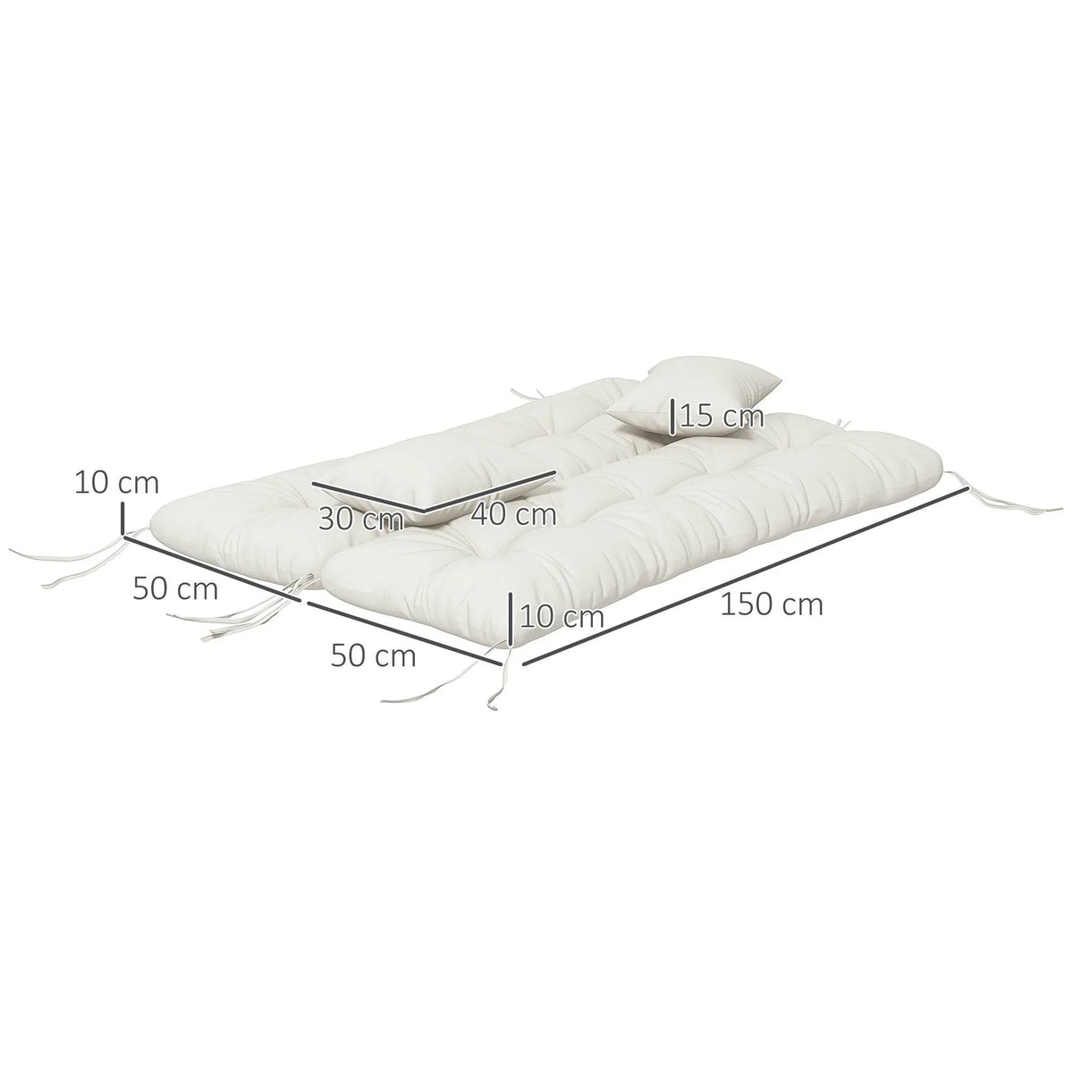 White cushion set with stitched pads and tie cords, size diagram