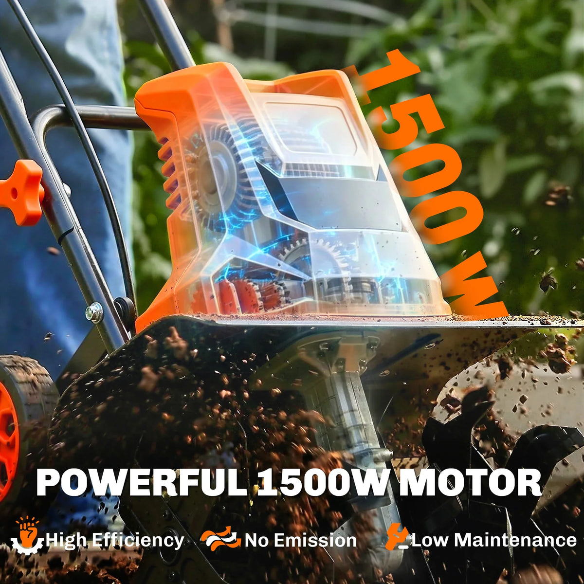 Electric garden tiller with bright LED-lit tilling head, orange body and blade housing