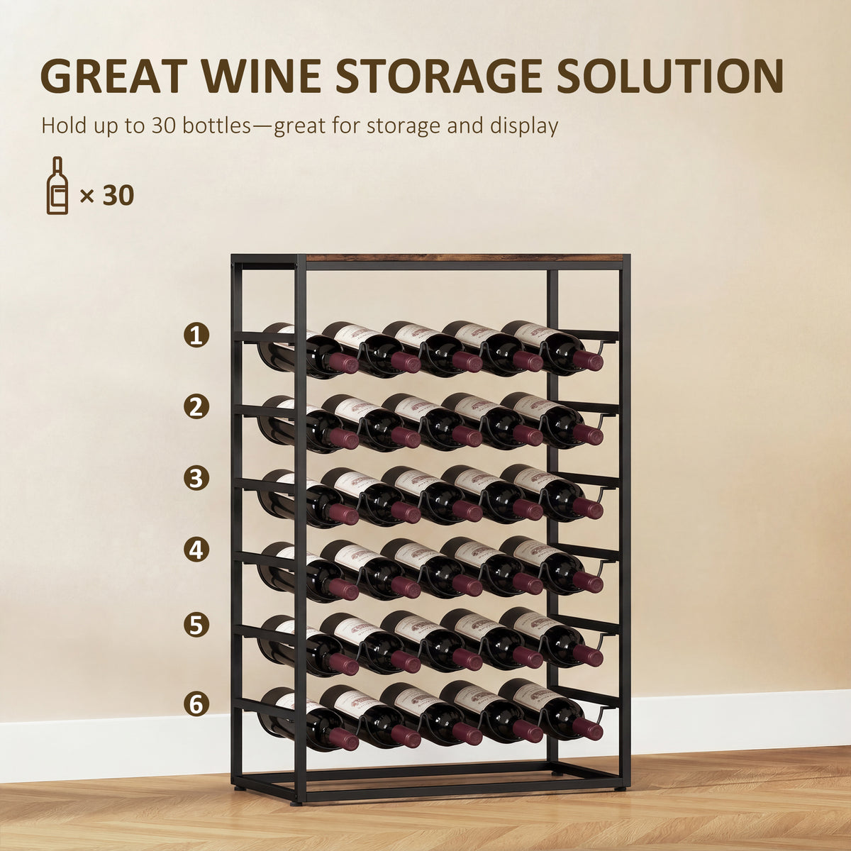 6-tier wine rack holding bottles in curved rows, with wood-effect top and rustic frame