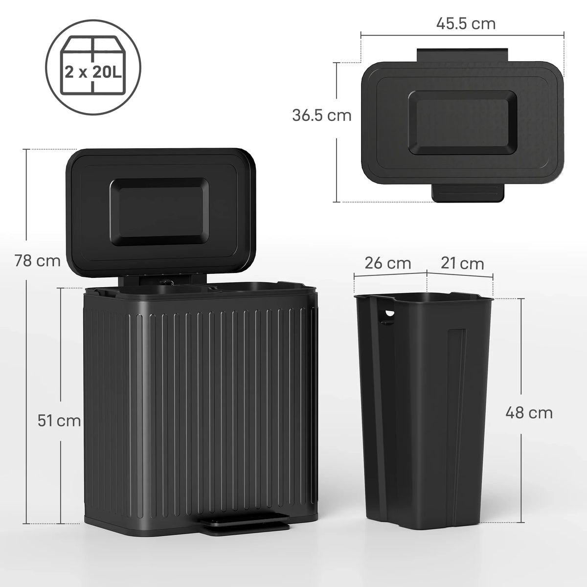 Black dual-compartment pedal bin with open lid and foot pedal, compact design