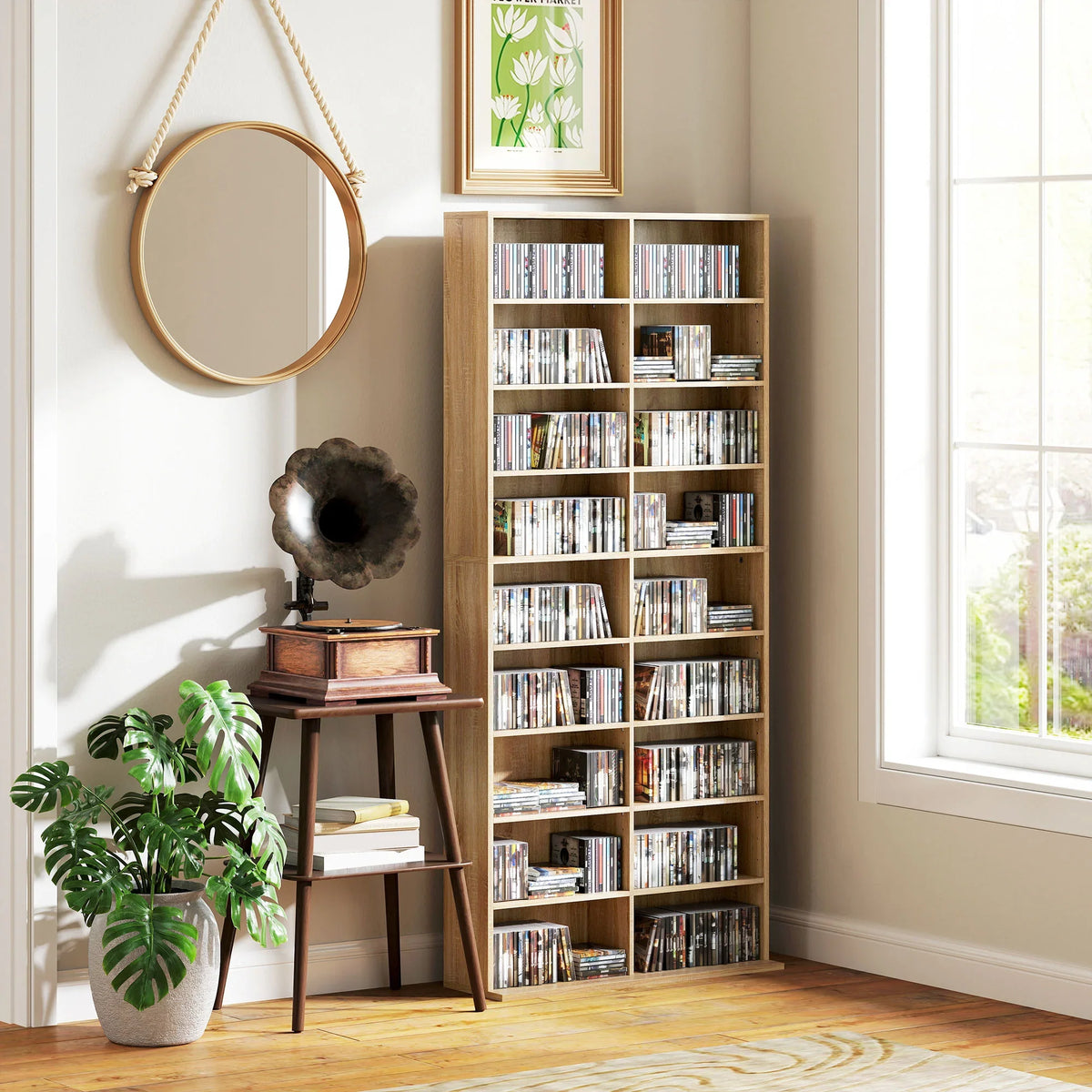 Tall wood CD storage tower filled with CDs on open square shelves