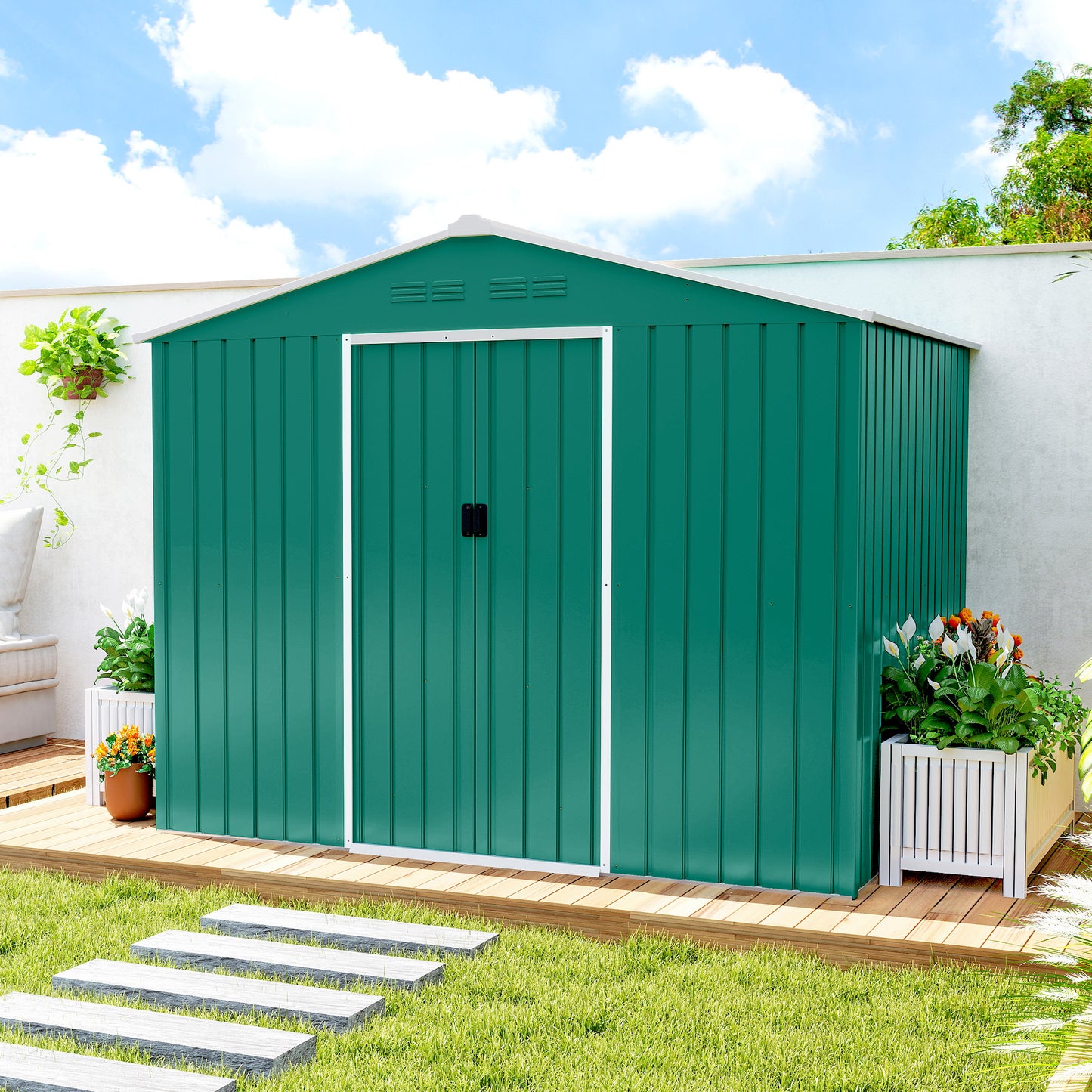 Outsunny 8 By 6 Feet Galvanised Steel Shed With Double Doors Green Garden Storage