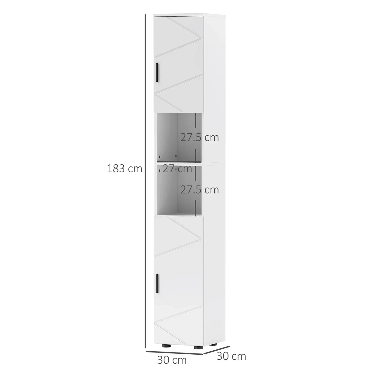 White slim tall bathroom corner cabinet with embossed panel door and shelf openings