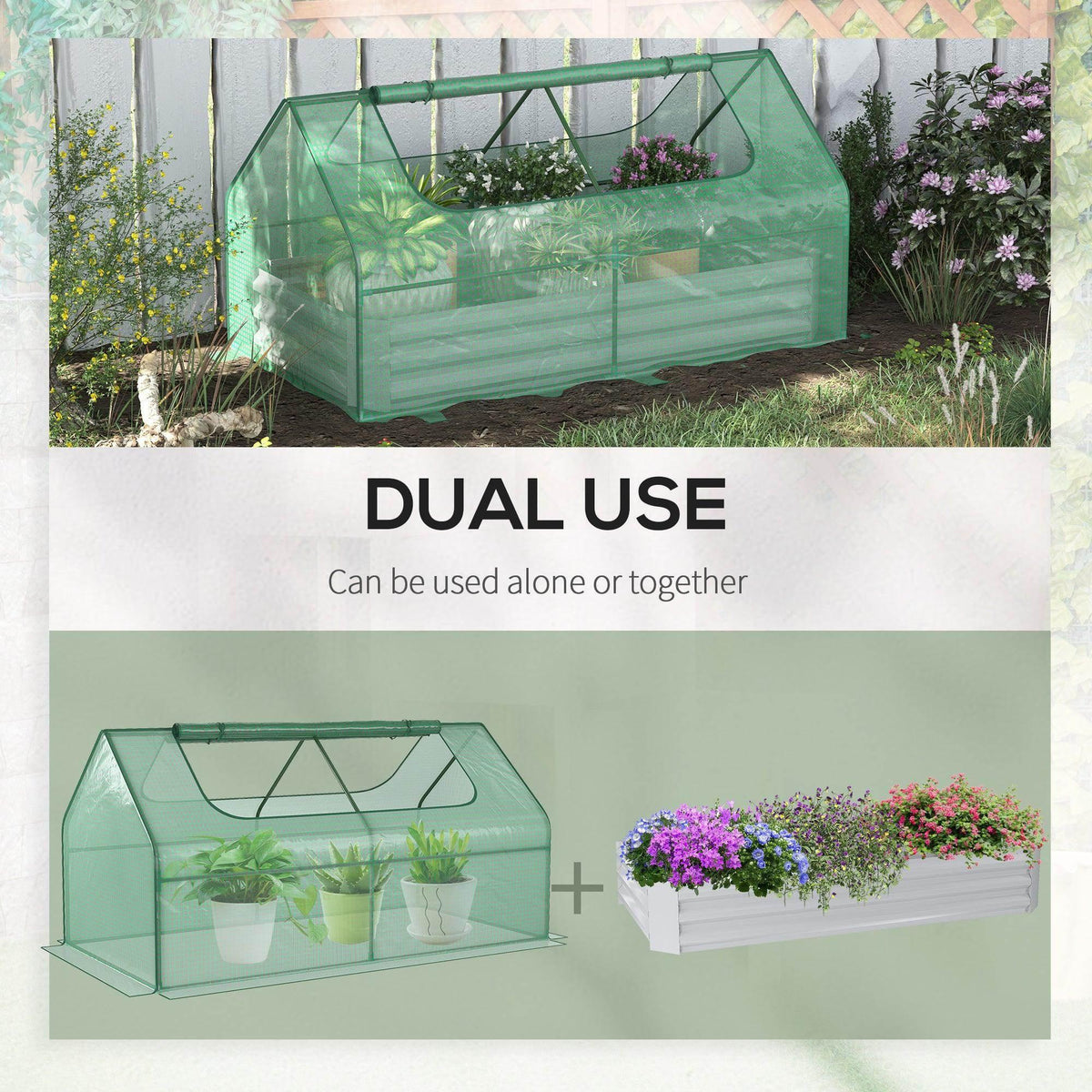 Green greenhouse cover over a raised planter bed with a transparent front window