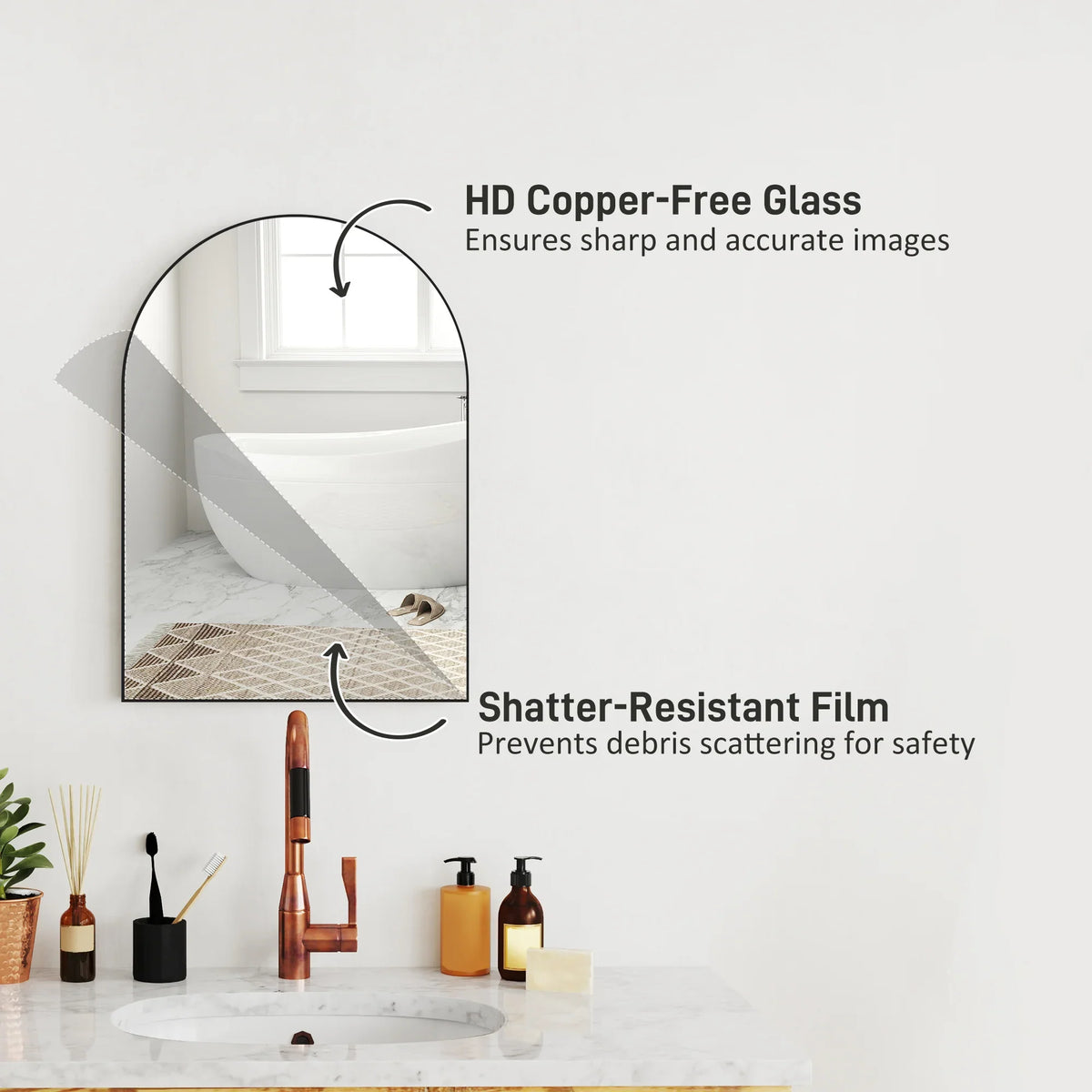 Arched wall mirror with black frame and clear protective glass