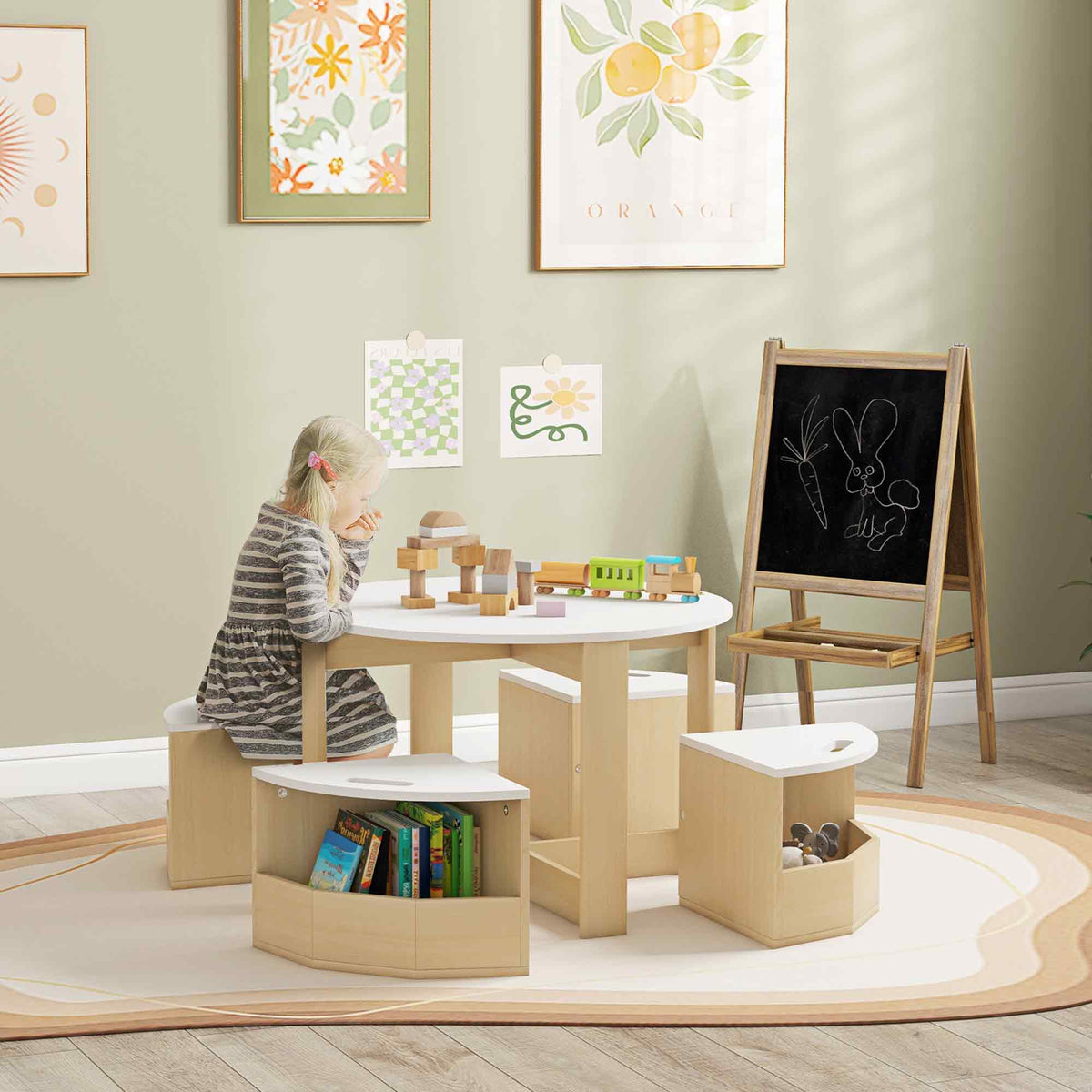 Kids table and chairs set with storage, round white tabletop and light wood chairs