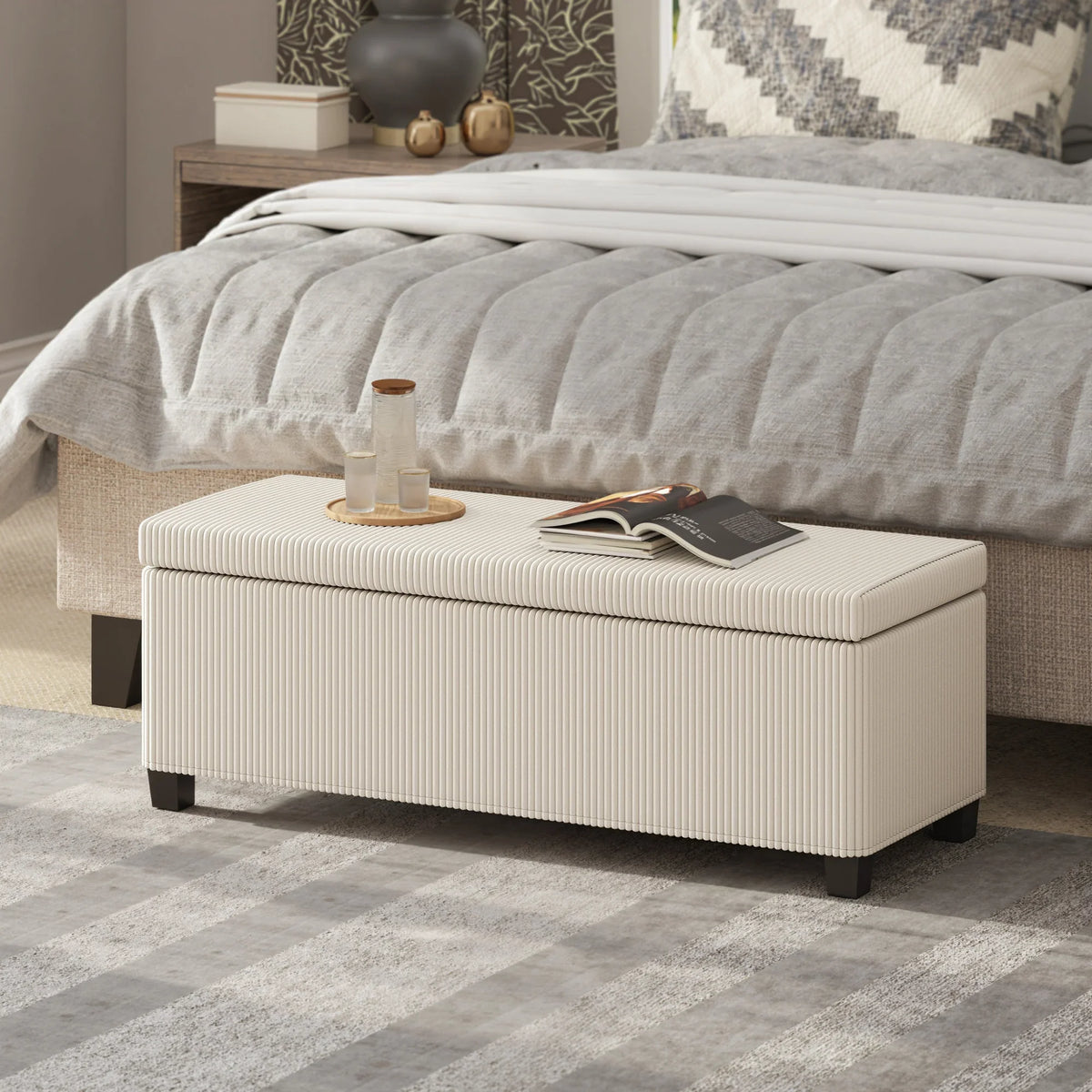 Beige corduroy storage ottoman bench with hinged lid and wooden legs