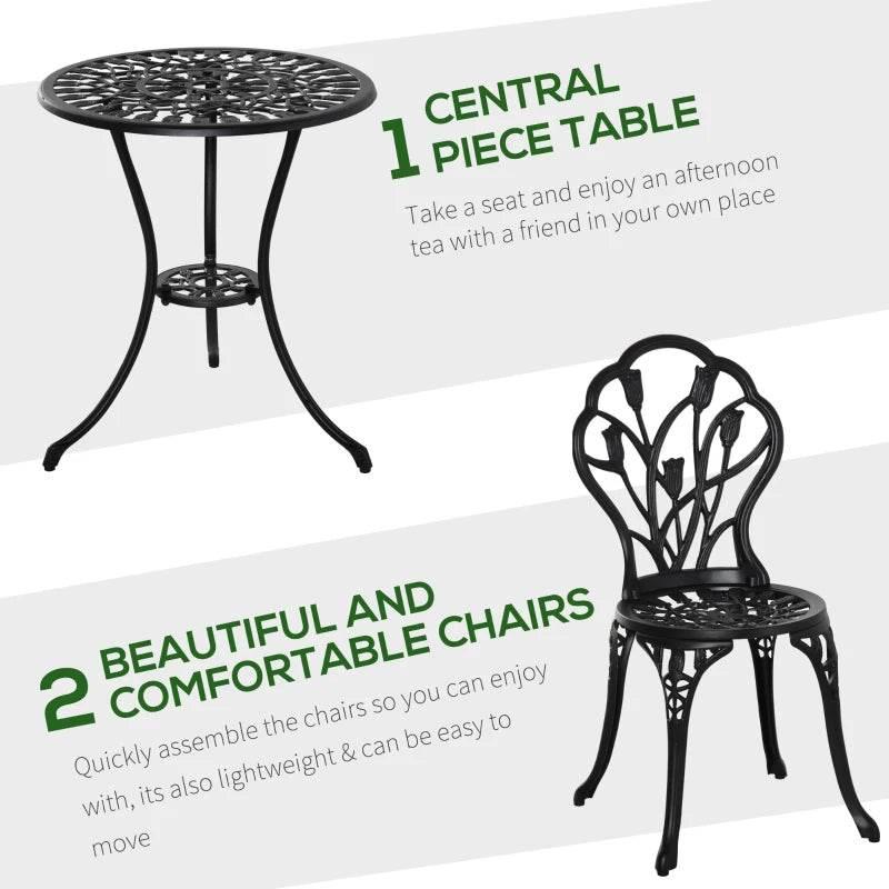 Black outdoor bistro table with two chairs featuring floral cutout lattice frames