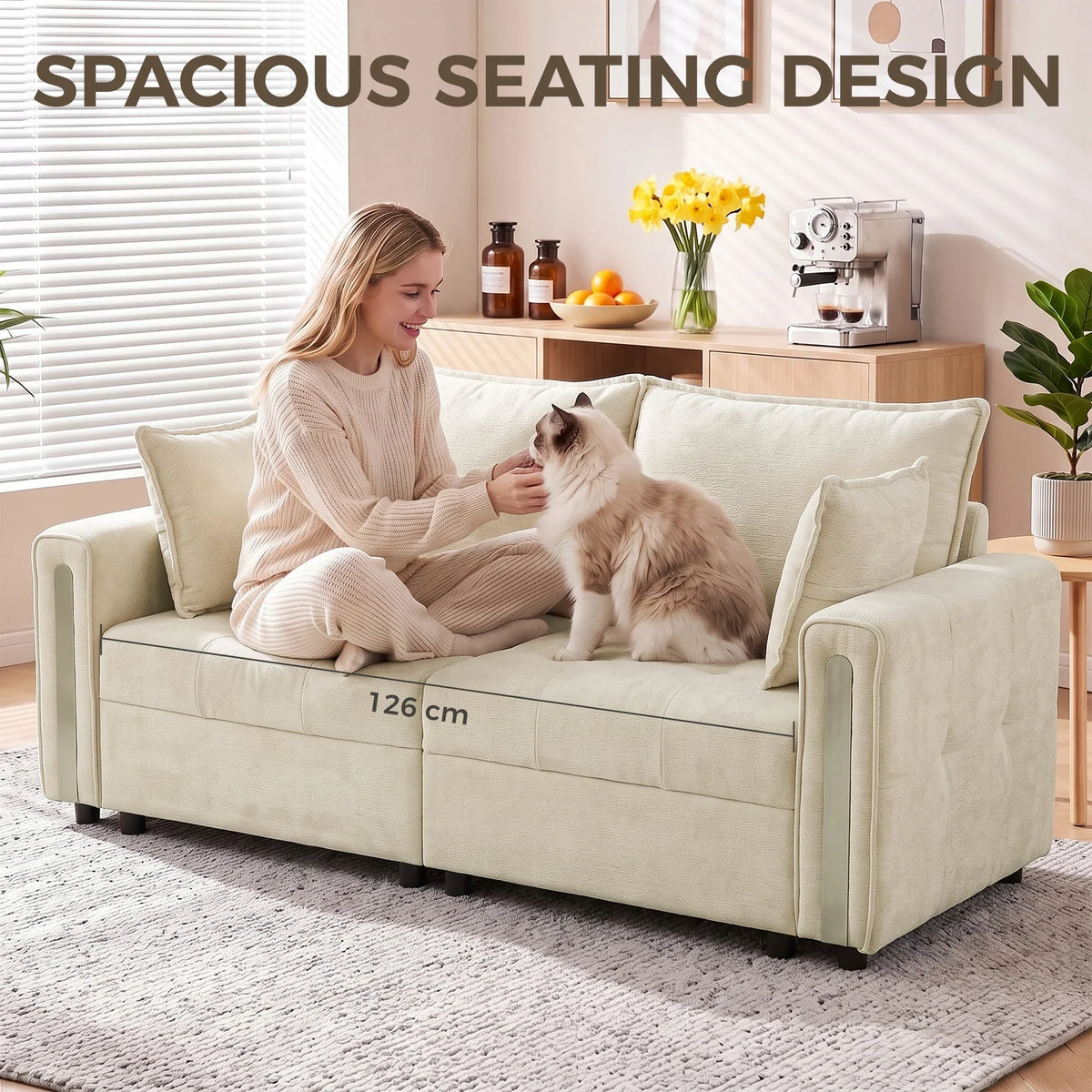 Beige velvet 2-seater loveseat with wide seat, back cushions, and armrest details.